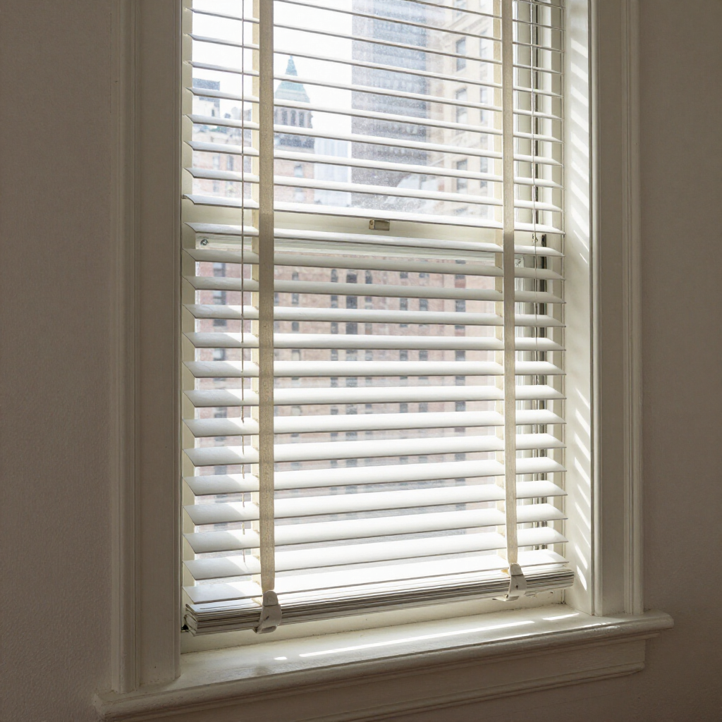 Window with white blinds, looking out onto a city building exterior.