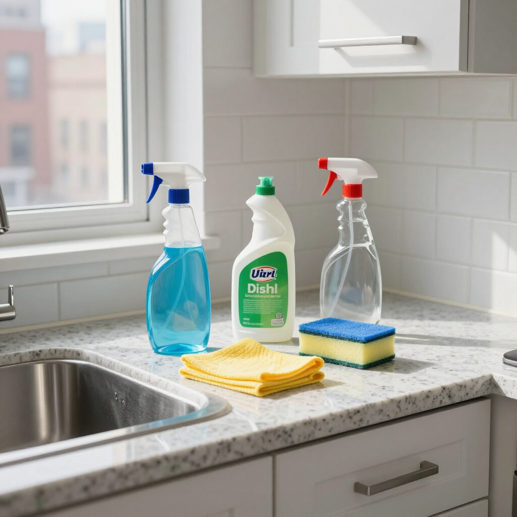 Kitchen sink with dish soap bottles, cleaning sprays, and sponges on a granite countertop by a window.