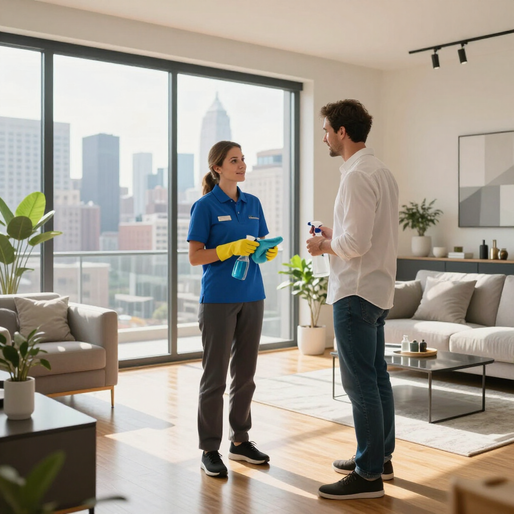 Two people talking in a bright living room with large windows and a city skyline view.