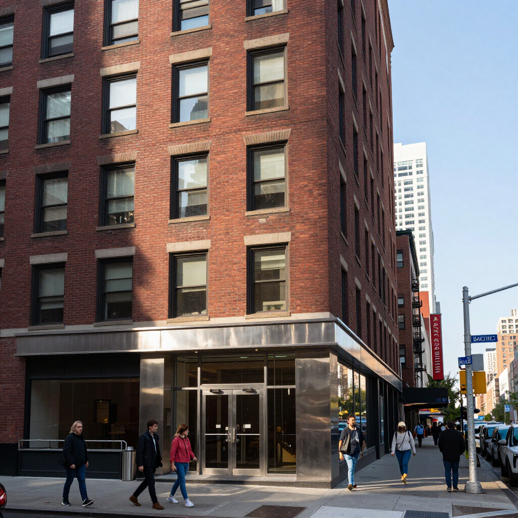 Brick corner building with glass entrance on a city street, pedestrians walking past on a sunny day
