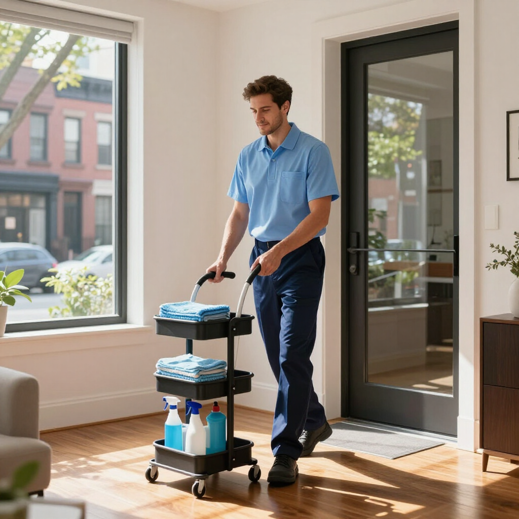 Cleaner pushing a supply cart in a bright office lobby near a glass door