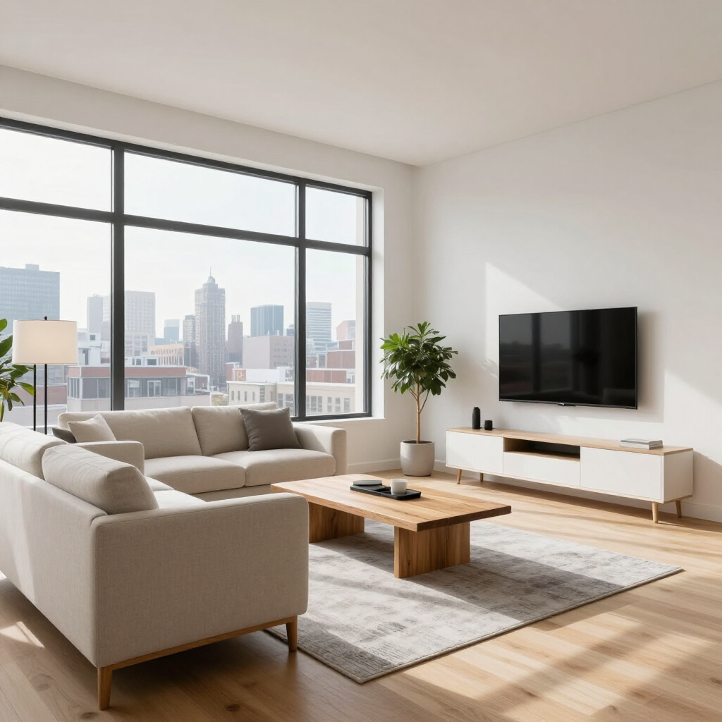 Bright modern living room with beige sectional, wooden coffee table, wall-mounted TV, and city skyline view