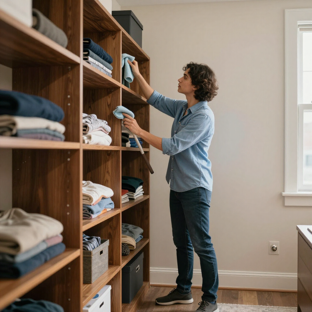 Person stocking folded clothes on wooden shelves in a bright room