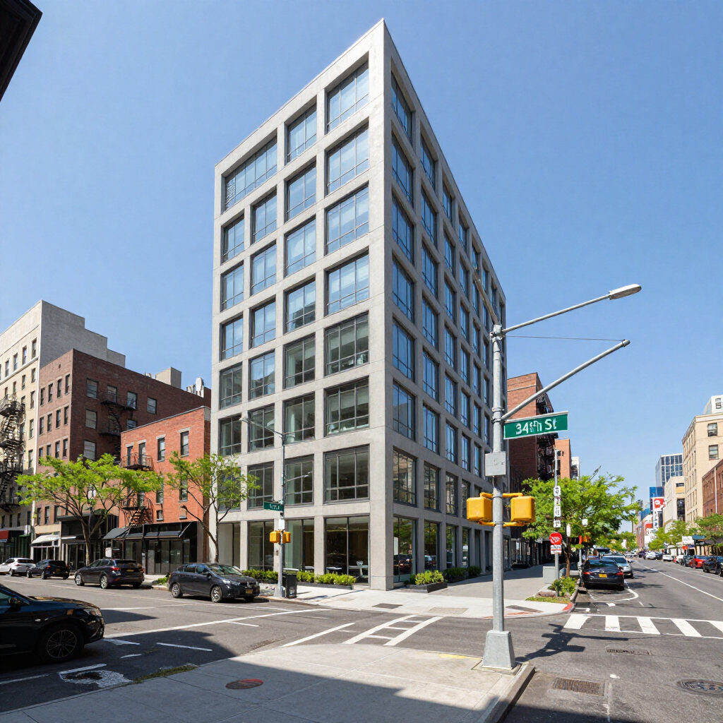Modern glass-and-stone office building at a sunny city intersection with crosswalks and street signs.