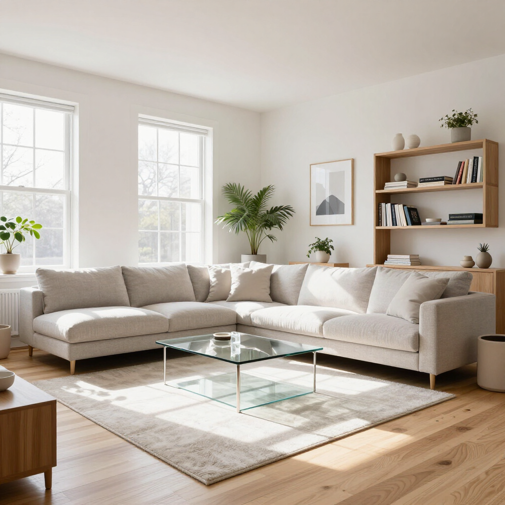 Bright modern living room with beige sectional, glass coffee table, large windows, and wooden shelving.