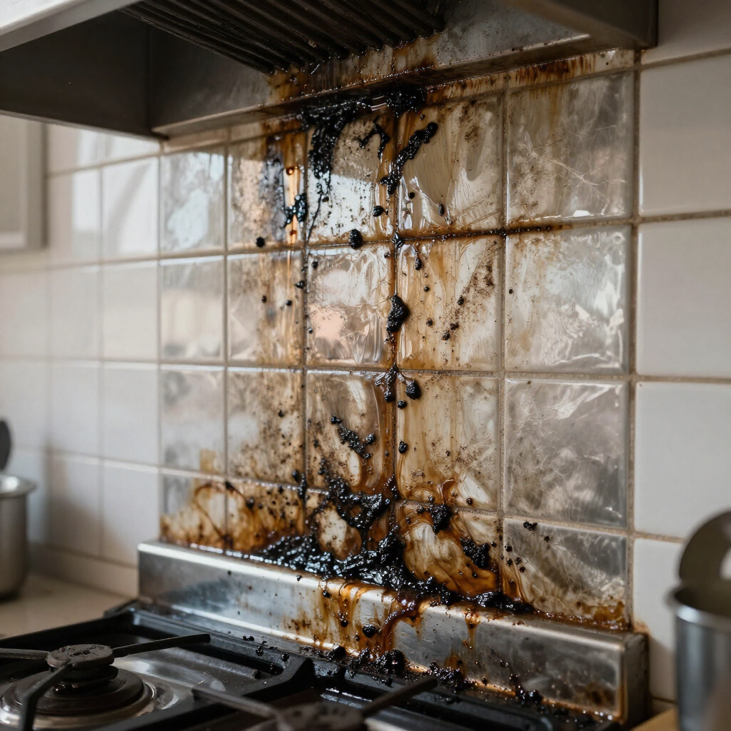 Grease-stained kitchen backsplash and range hood above a stovetop, with heavy burnt residue and drips