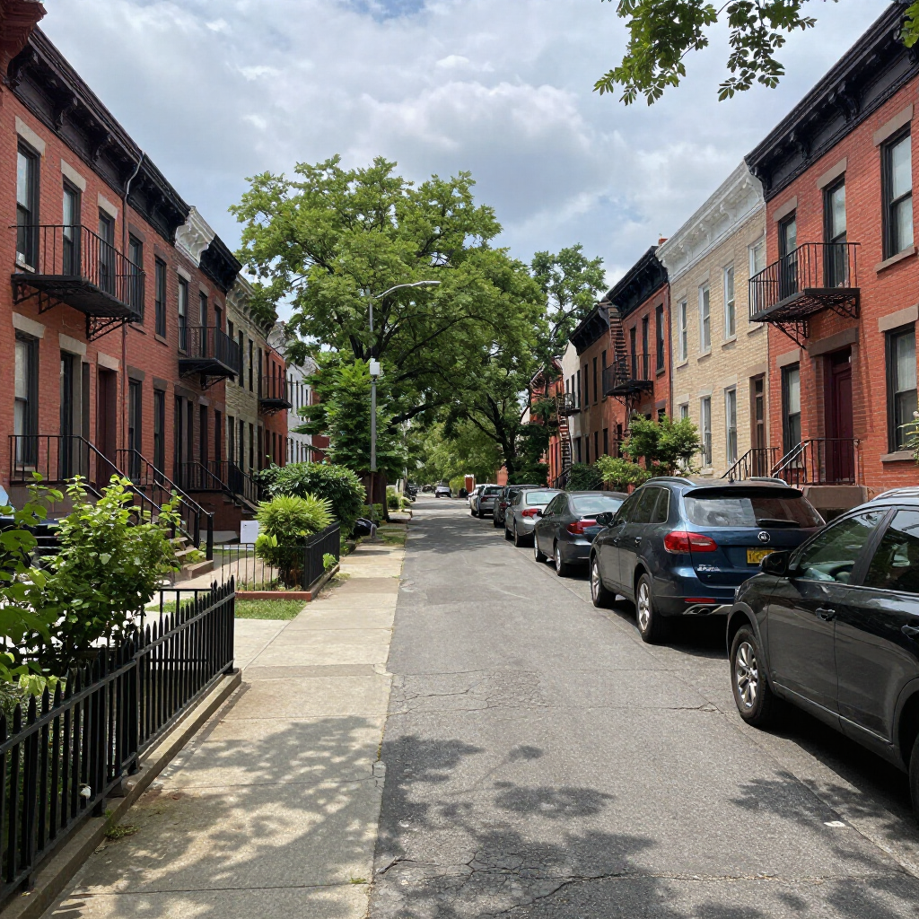 Tree-lined residential street with parked cars and red-brick row houses on both sides