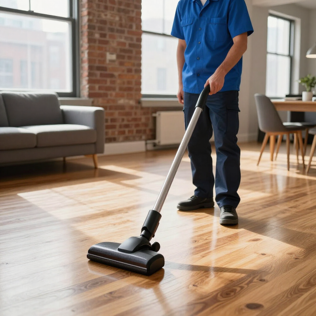 Person mopping a hardwood floor in a sunlit living room with a sofa and dining table