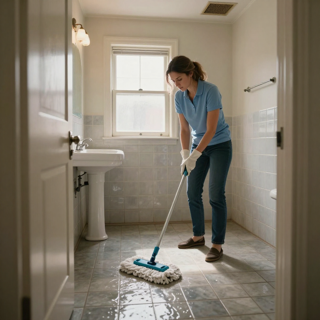 Person mopping a tiled bathroom floor with a blue mop near a sink and window.