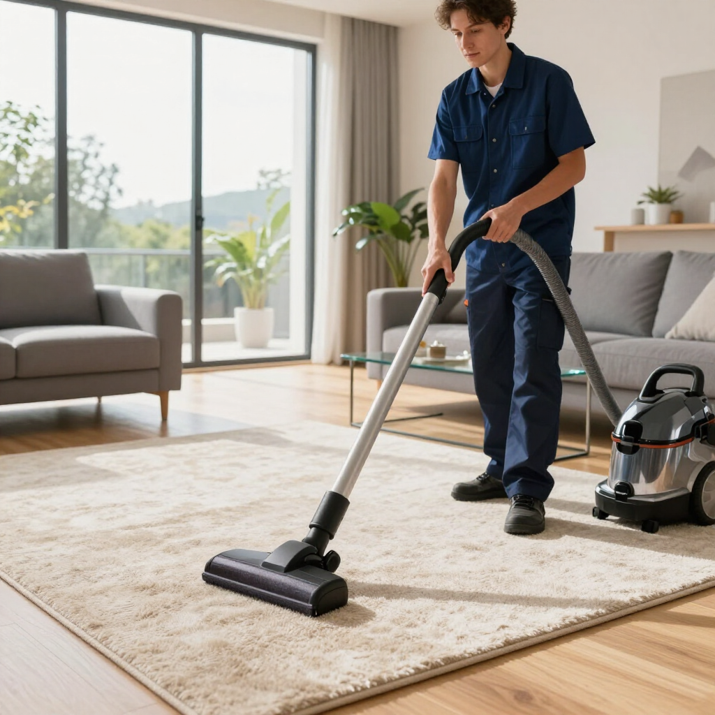 Person vacuuming a beige rug in a bright living room with large windows.