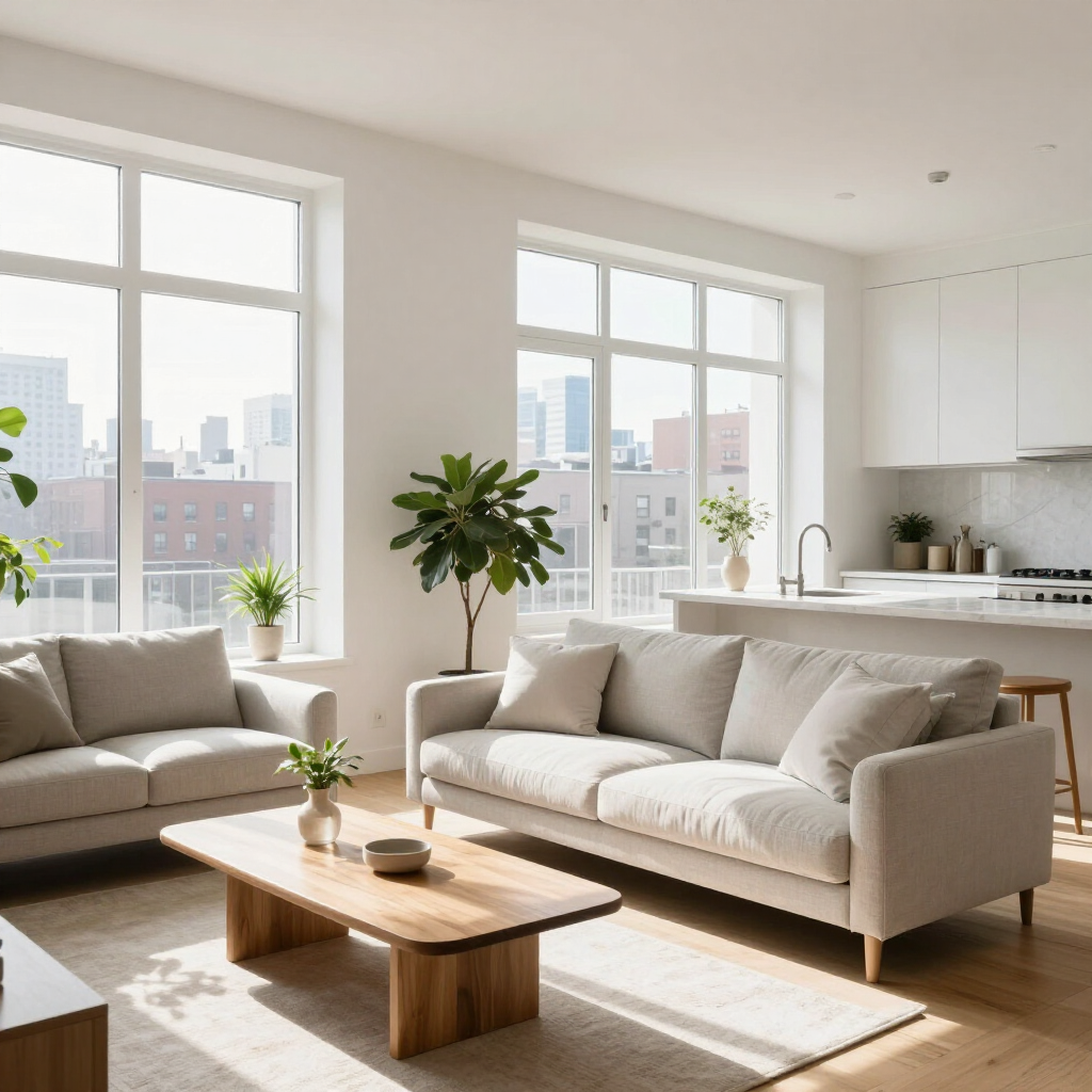 Bright modern living room with beige sofas, wooden coffee table, large windows, and indoor plants