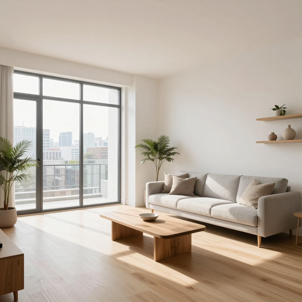 Bright living room with a gray sofa, wooden coffee table, and large window overlooking a balcony and city view