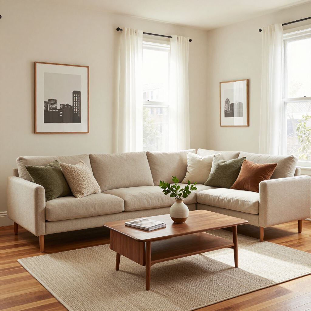 Bright living room with beige sectional sofa, wooden coffee table, cream rug, and framed wall art.