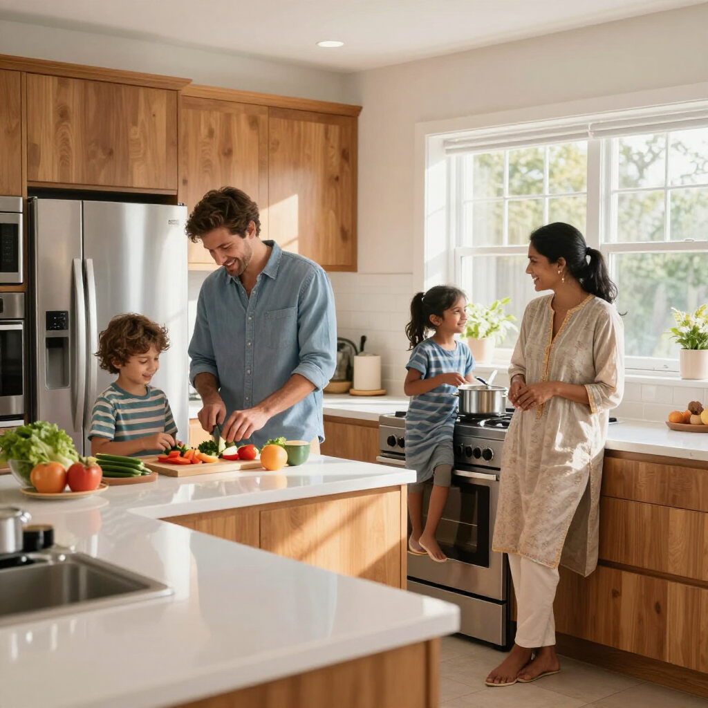 Family preparing vegetables together in a bright kitchen with wooden cabinets and a large window.