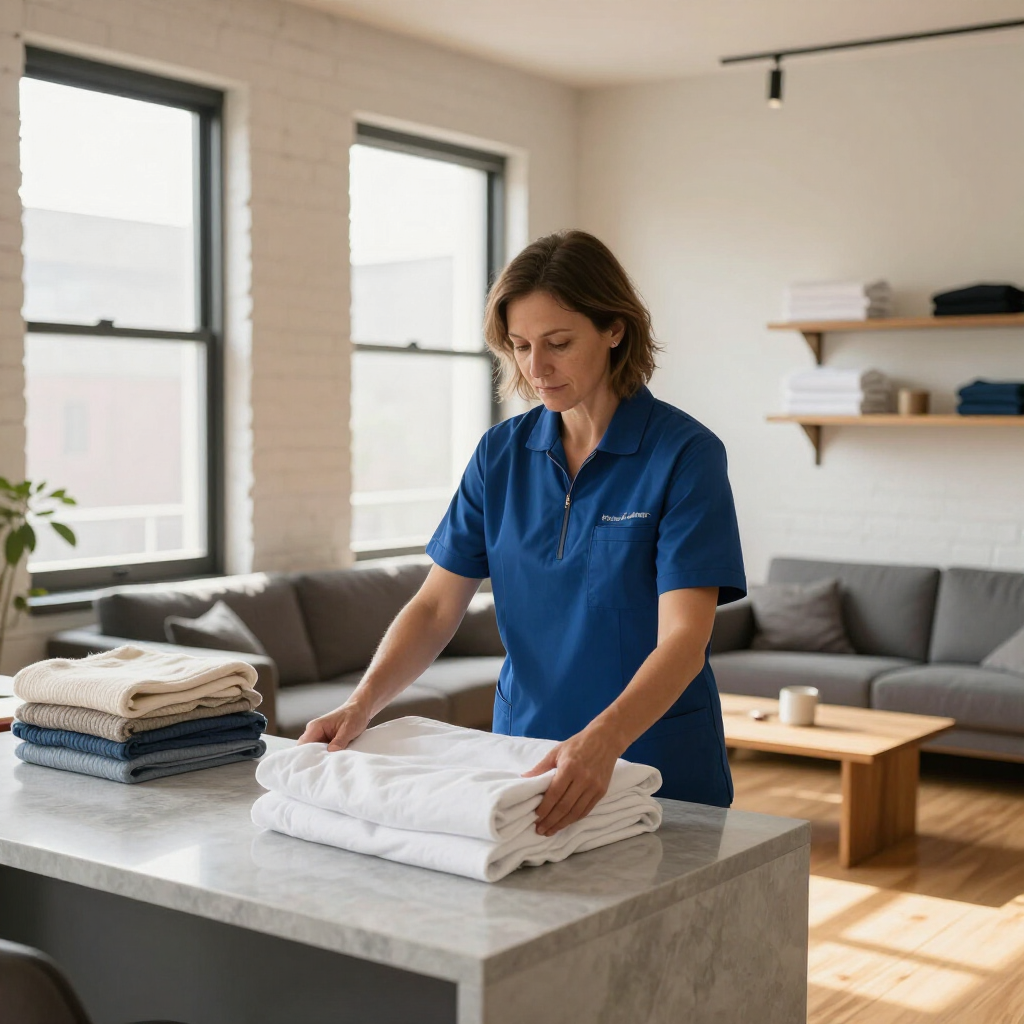 Woman folding white towels in a bright living room with stacked laundry on a countertop