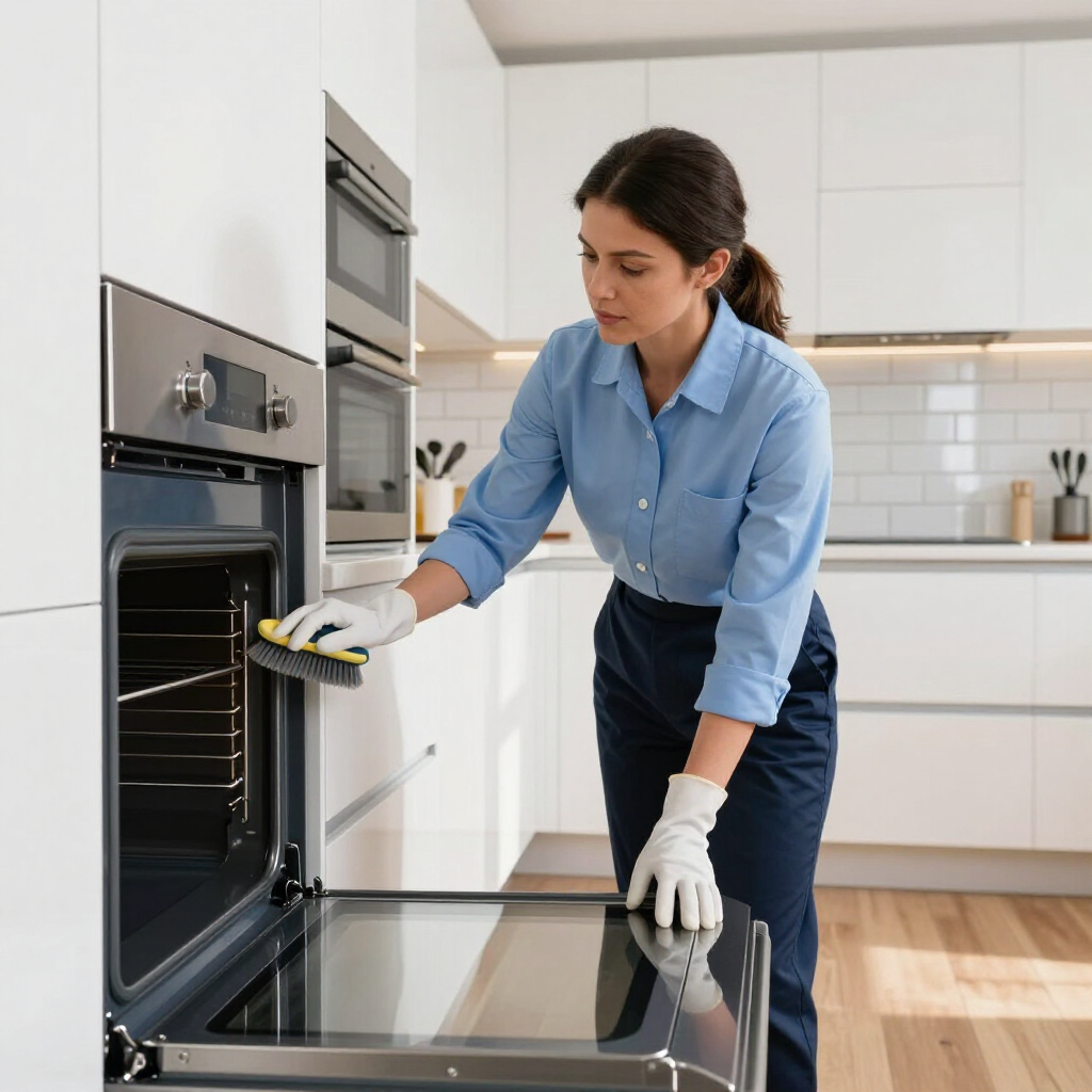 Person cleaning a black oven in a bright kitchen, wearing blue shirt and white gloves