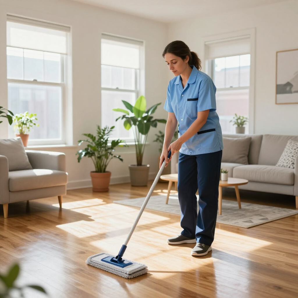 Person mopping a bright living room with hardwood floors and large windows