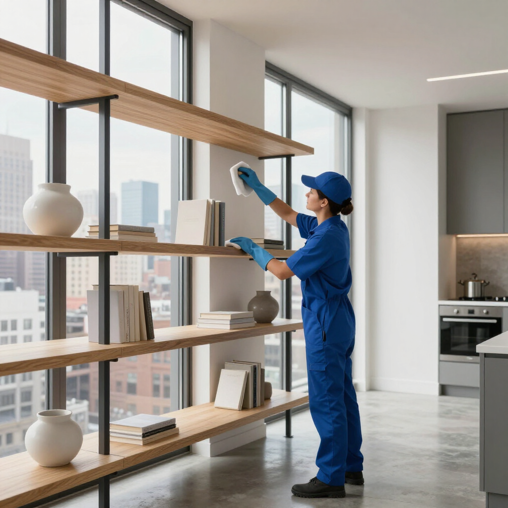 Worker dusting shelves in a modern apartment with city views