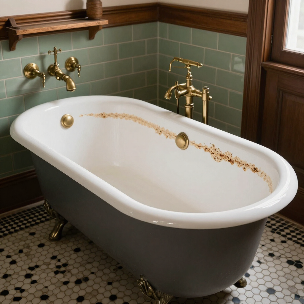 Freestanding white bathtub with brass fixtures in a vintage bathroom with green tile and wood paneling
