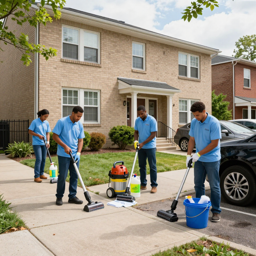 Three workers clean a driveway with brooms and a vacuum near a suburban house.