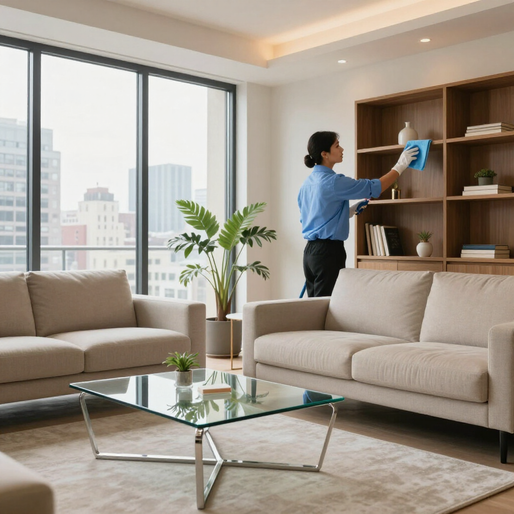 Person dusting shelves in a bright modern living room with beige sofas and a glass coffee table