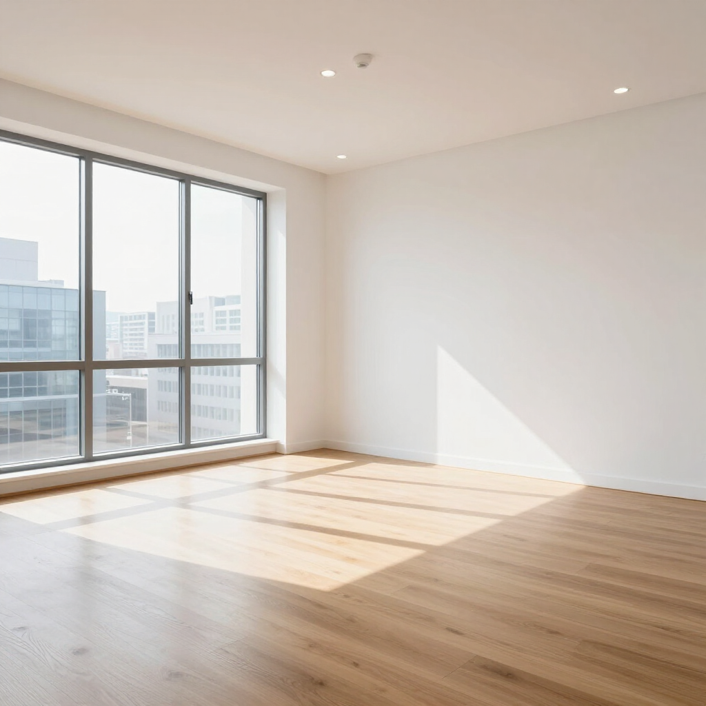 Empty sunlit modern room with wood floors and large windows overlooking city buildings