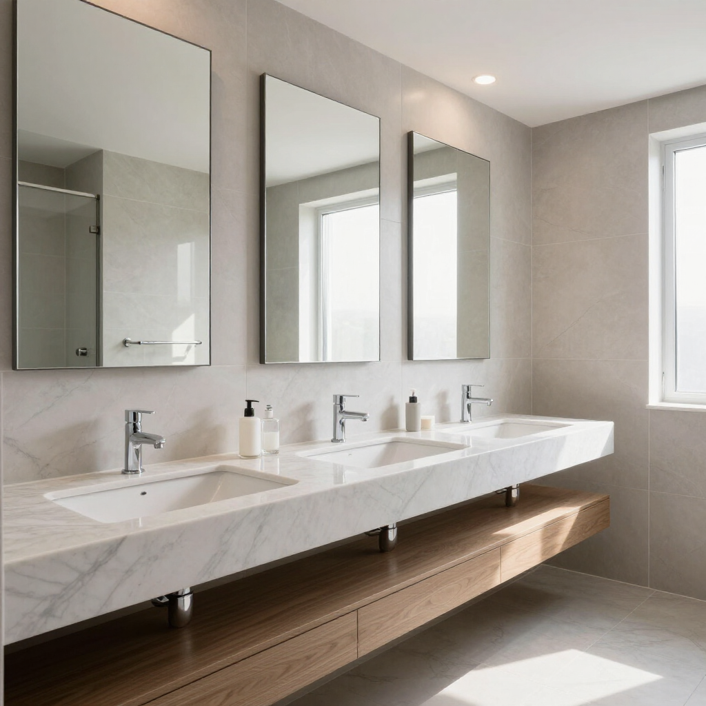 Modern bathroom vanity with three mirrors, double sinks, marble countertop, and wood shelf