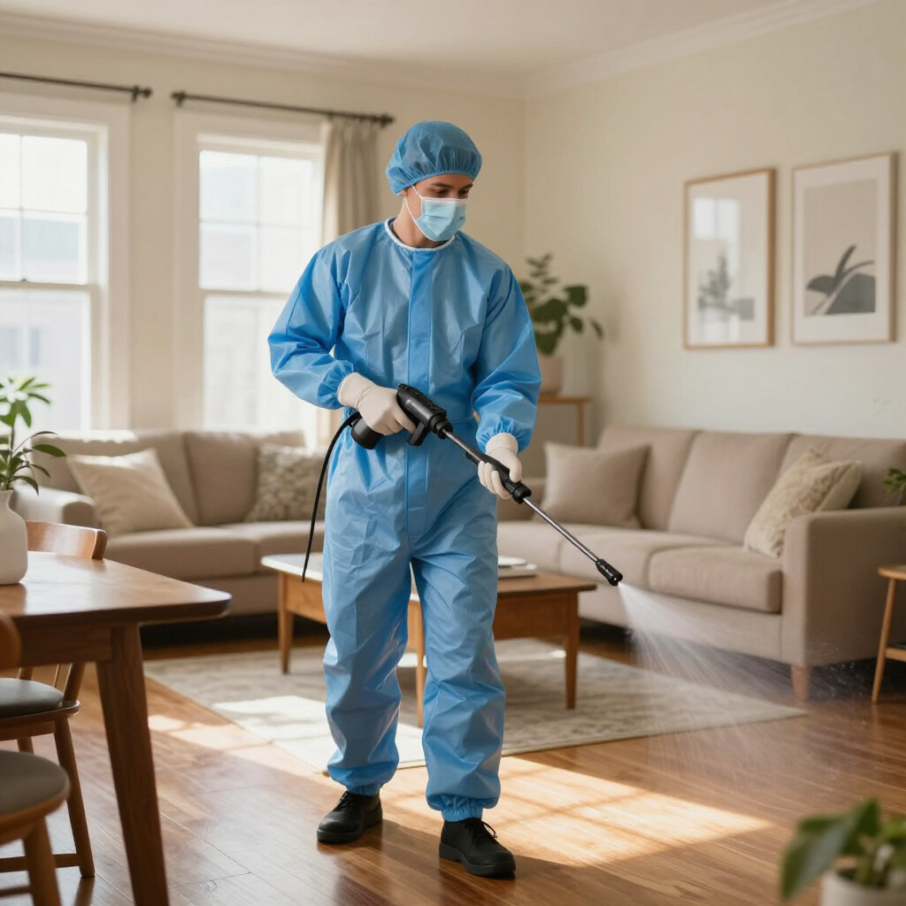 Technician in blue protective suit disinfecting a sunlit living room with a sprayer