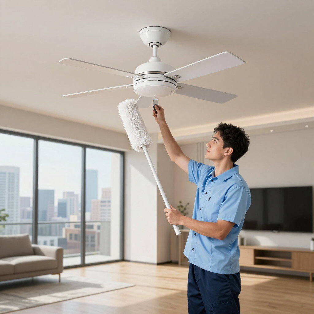 Man dusting a ceiling fan with a duster in a bright modern living room