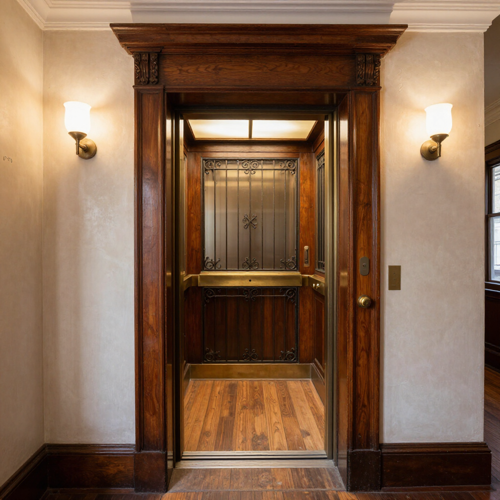 Wood-paneled elevator with brass trim in a refined hallway, lit by wall sconces.