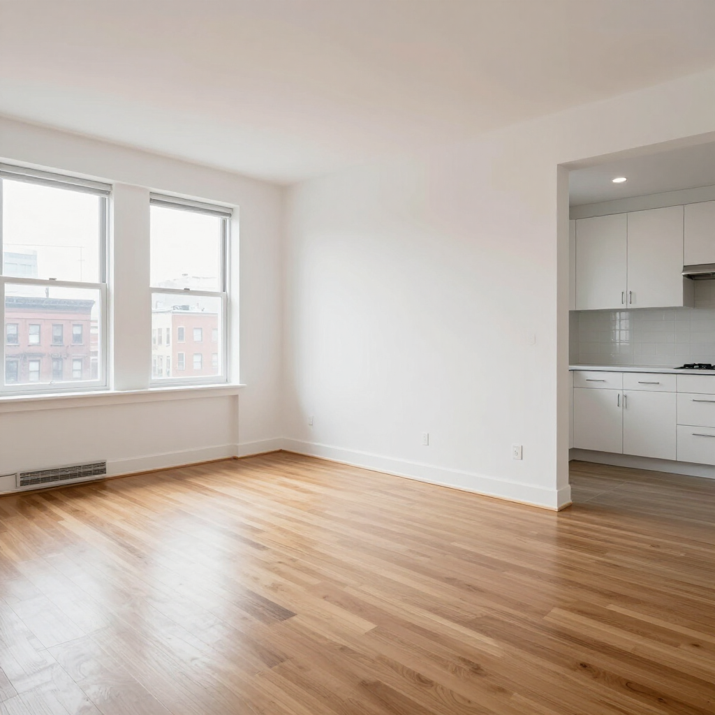Empty modern apartment living room with hardwood floors, white walls, and large windows beside a kitchen nook