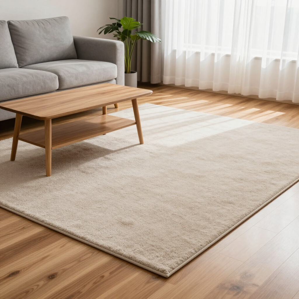 Bright living room with a beige sofa, wooden coffee table, and large cream rug on a hardwood floor.