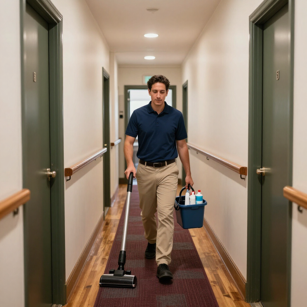 Janitor walking down a hallway with a mop and cleaning supplies bucket