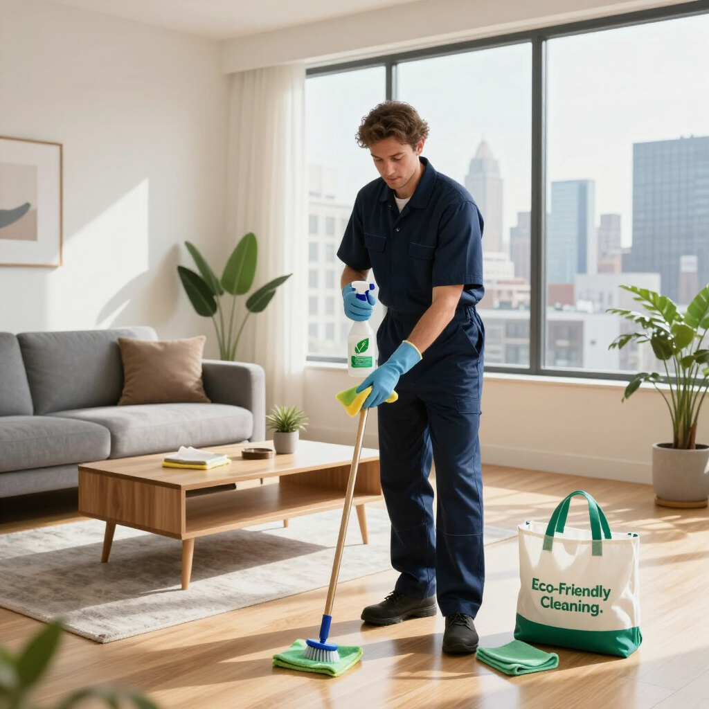 Person mopping a bright living room beside a sofa and eco-friendly cleaning supplies by the window