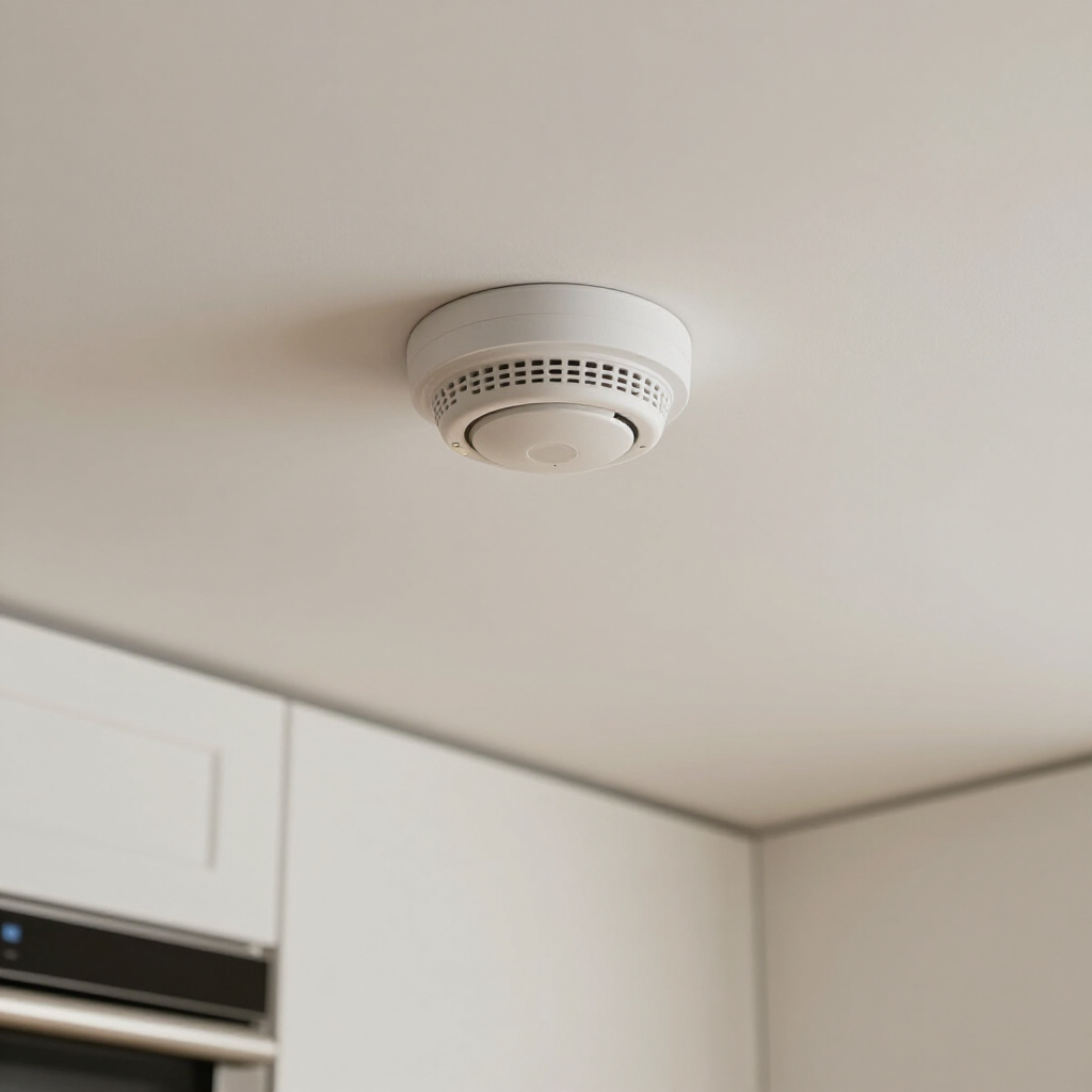 Ceiling smoke detector on a white kitchen ceiling above cabinets