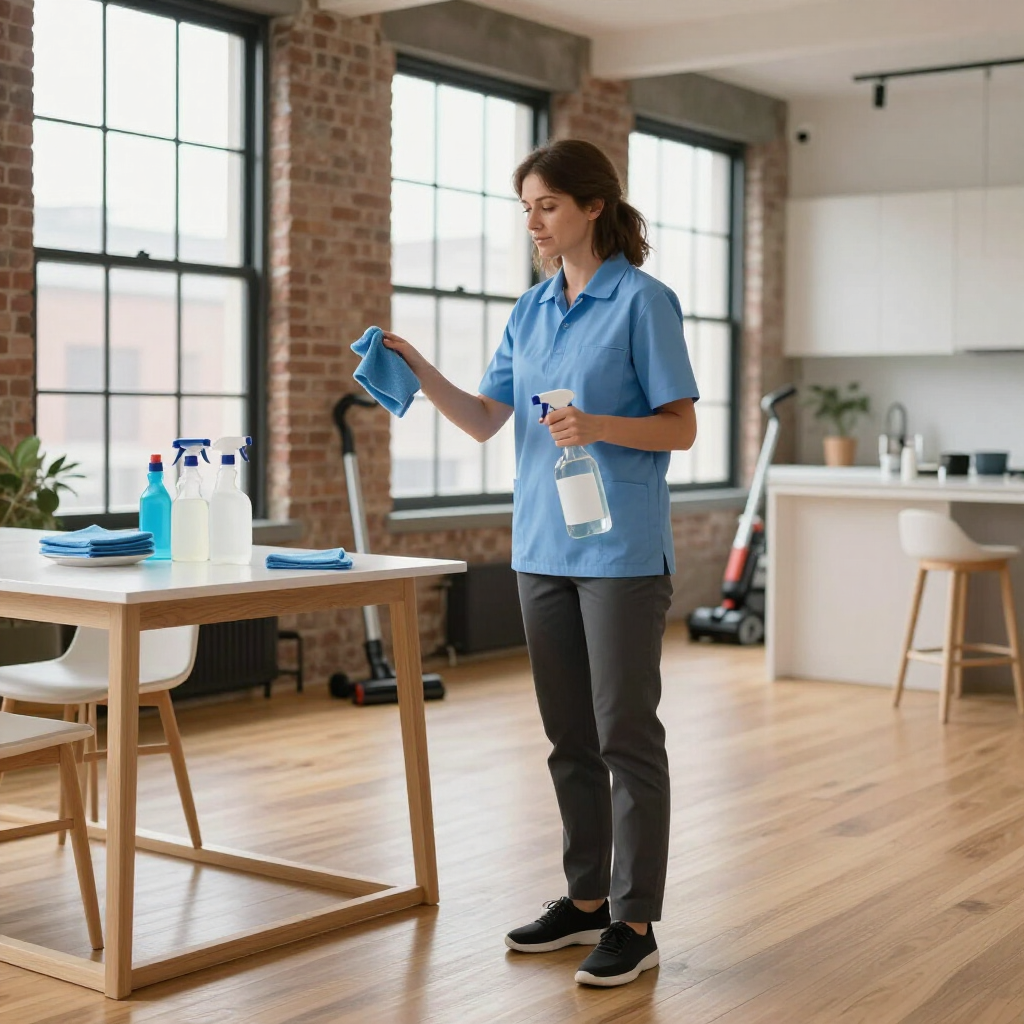 Person cleaning a table with spray bottles in a bright loft-style kitchen-living space
