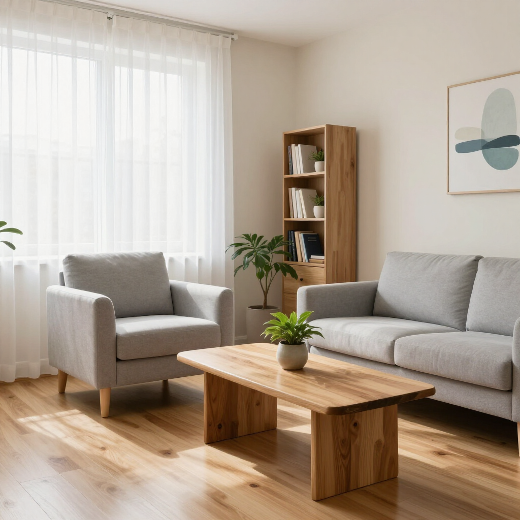 Bright living room with gray sofa and armchair, wooden coffee table, shelf, and large window with sheer curtains