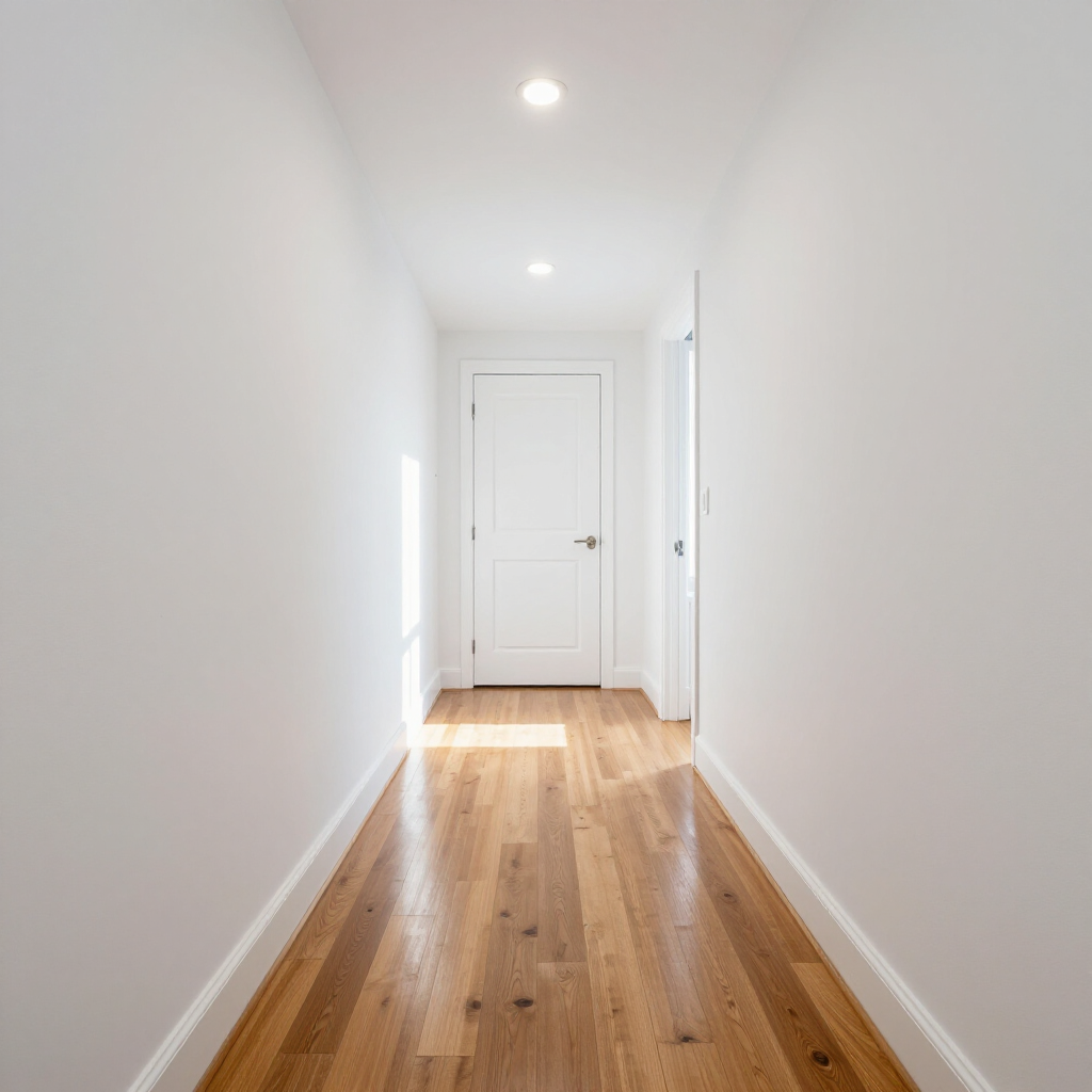 Bright white hallway with wooden floor and a closed door at the end.
