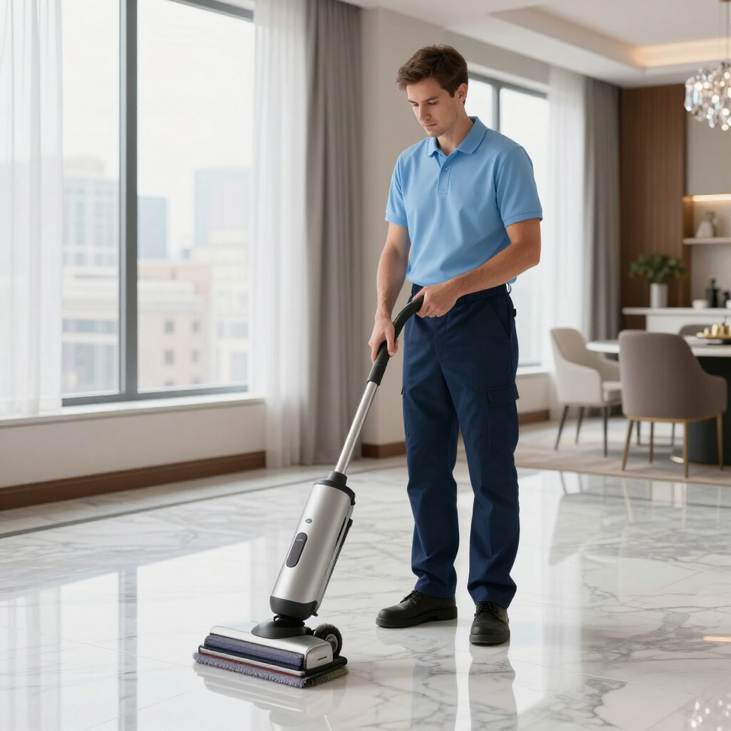 Man vacuuming a bright apartment floor beside large windows and a dining area