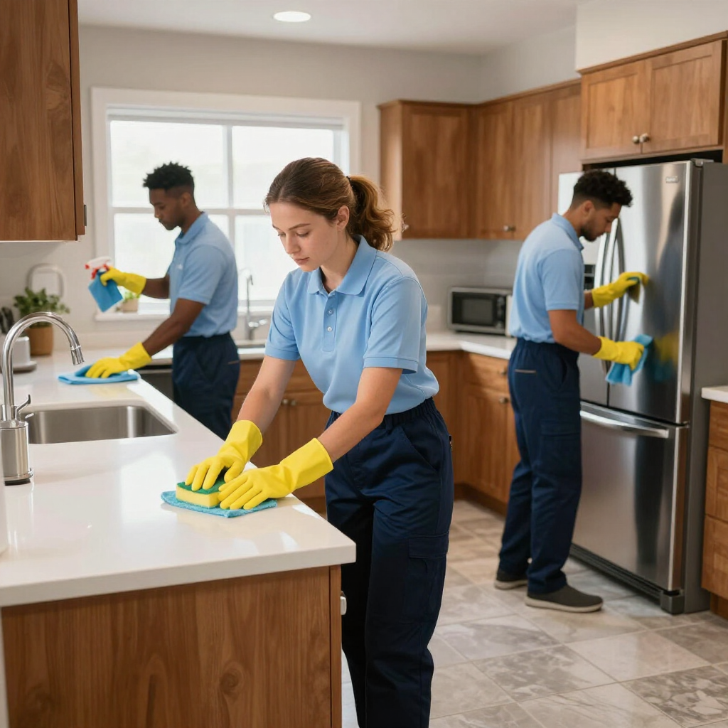 Three cleaners wearing blue uniforms and yellow gloves cleaning a bright kitchen and stainless steel fridge