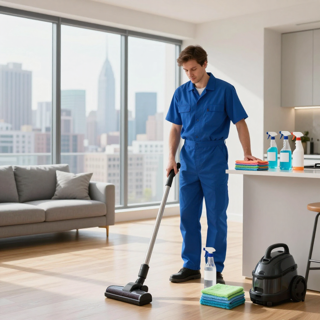 Cleaner vacuuming a bright living room beside a city-view window, with cleaning supplies nearby