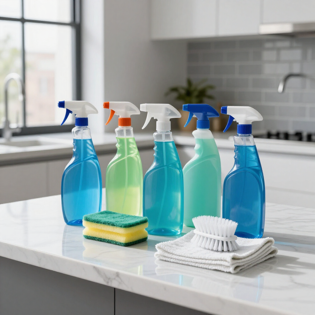Cleaning supplies on a kitchen counter: blue spray bottles, sponges, scrub brush, and folded towels.