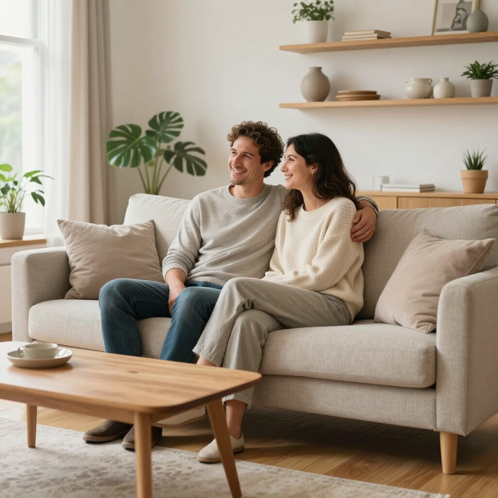 Two people sit smiling on a beige sofa in a bright living room with wooden shelves and a coffee table.