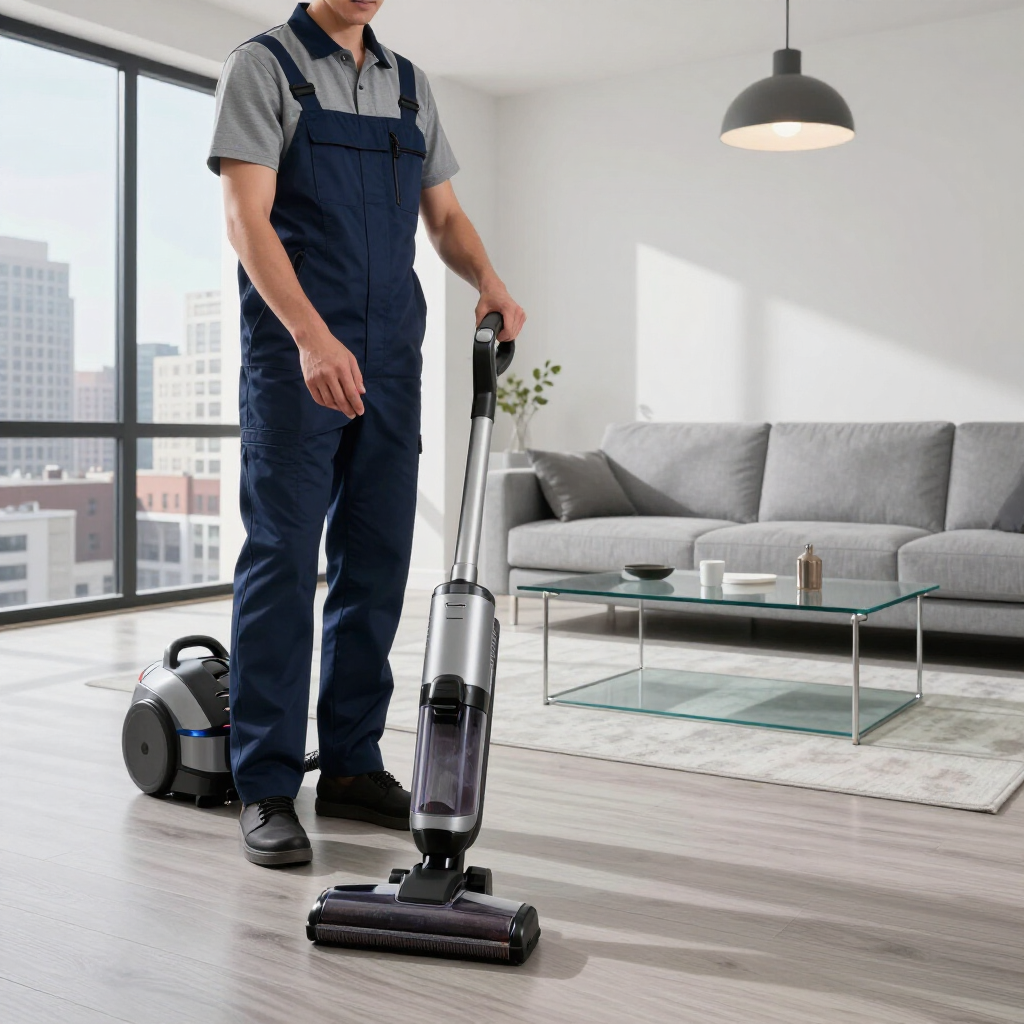 Person vacuuming a bright living room with a cordless stick vacuum and canister vacuum nearby