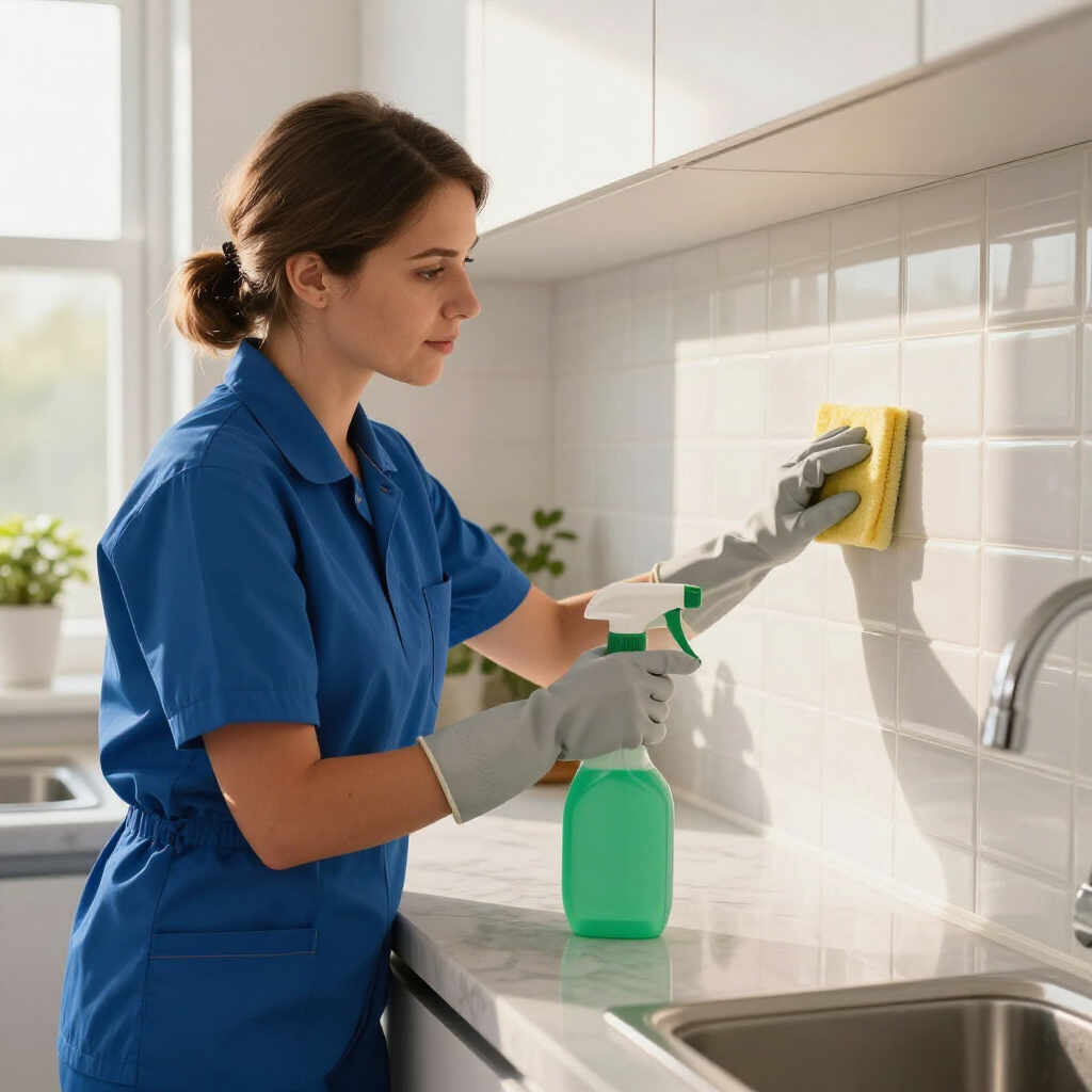 Cleaner in blue uniform scrubbing a tiled kitchen wall with a spray bottle and sponge near a sink