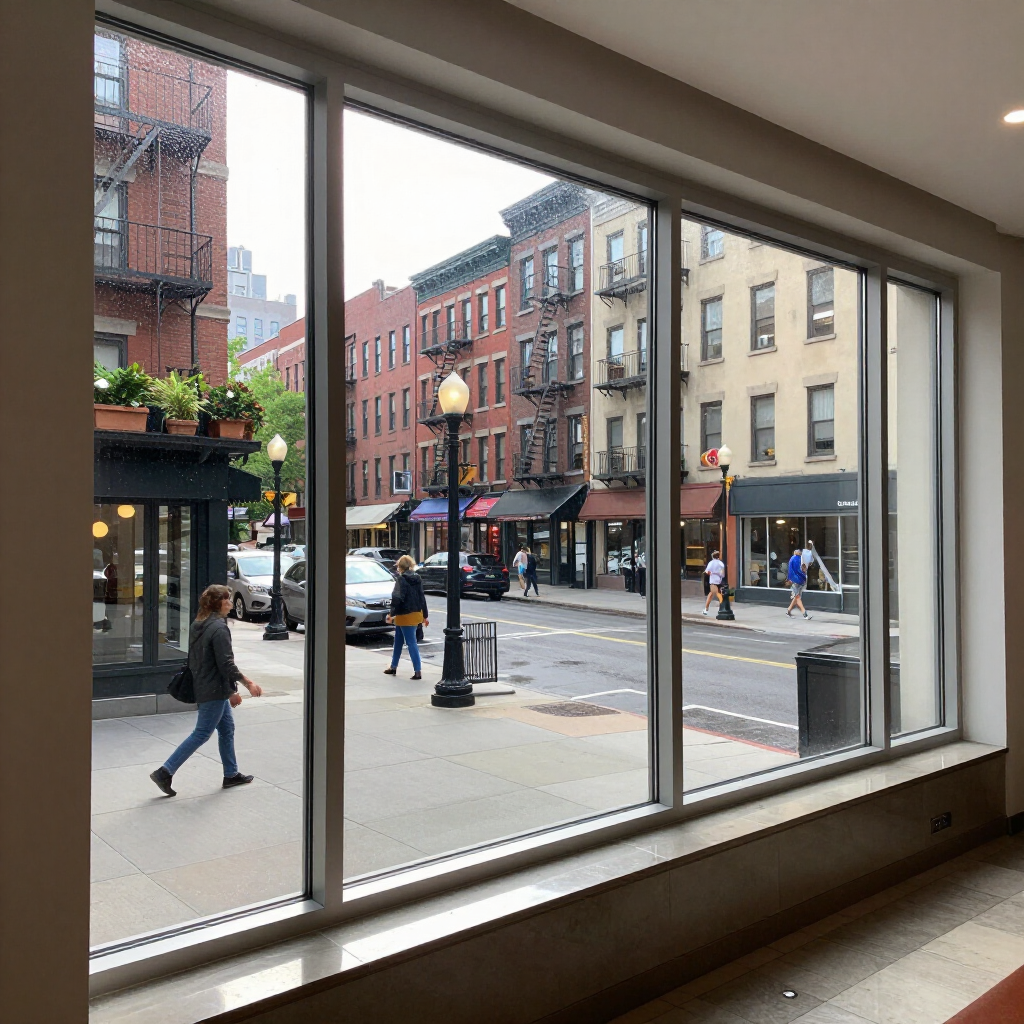 Street view through large windows, with pedestrians, parked cars, and brick buildings across the road.