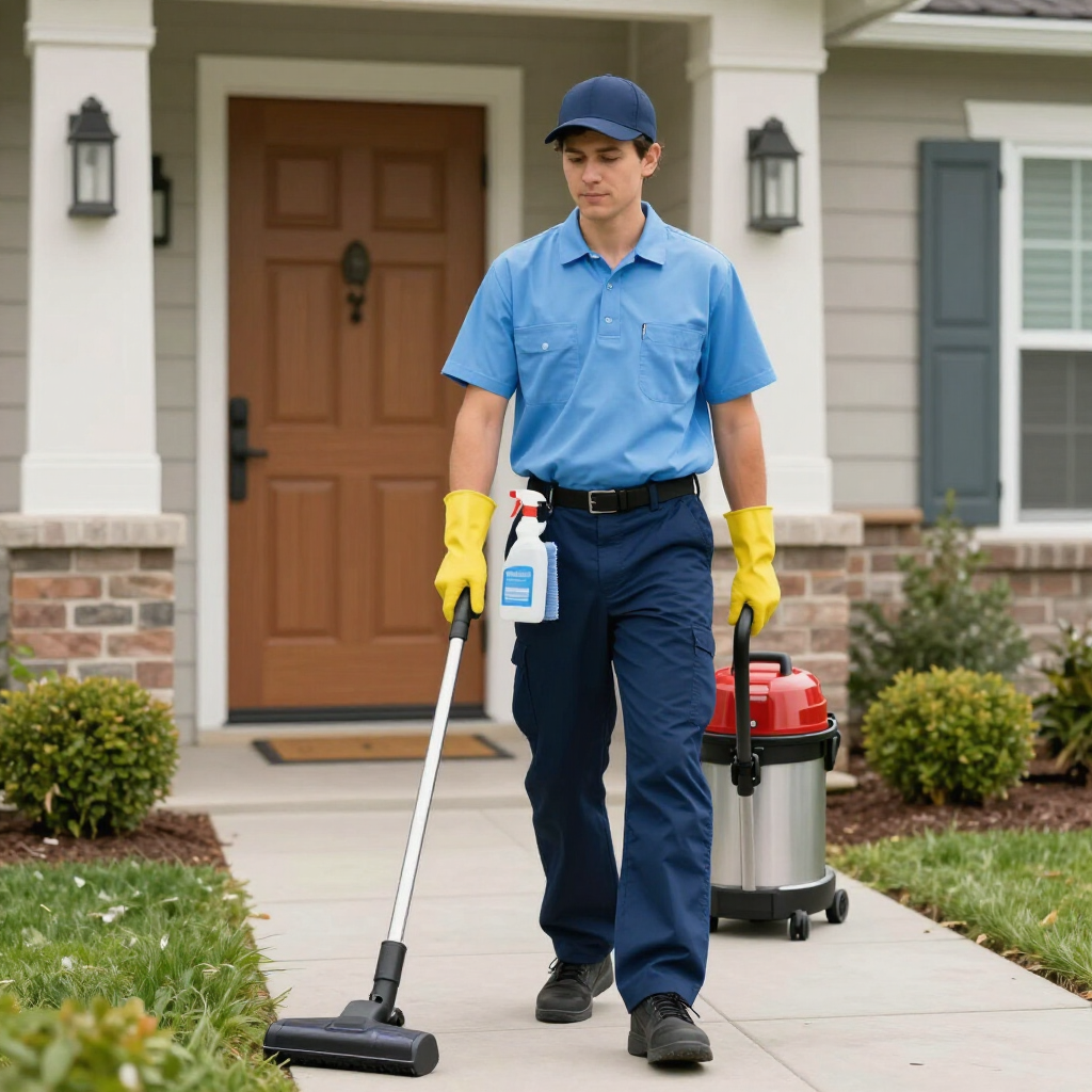 Cleaner in blue uniform vacuuming a front walkway beside a house, with cleaning equipment nearby