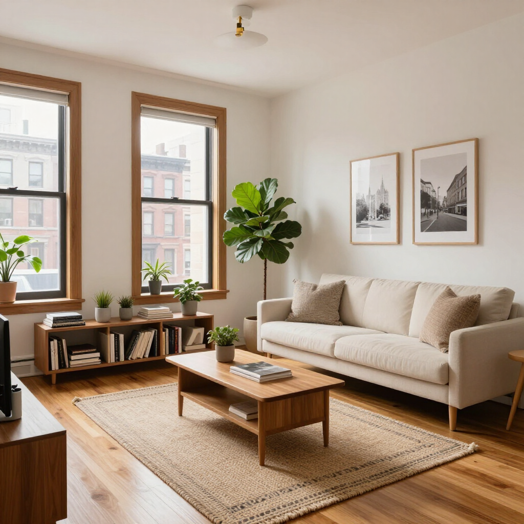 Bright living room with beige sofa, wooden coffee table, plants, and large windows.