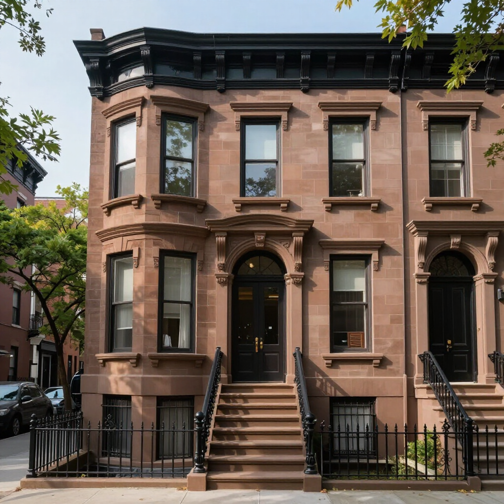 Brownstone row house with stoops and black iron fencing on a tree-lined street