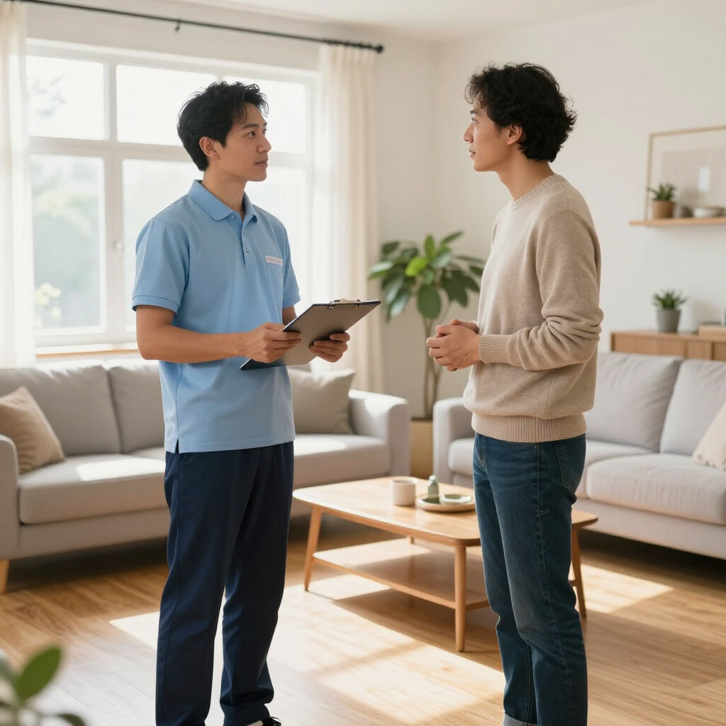 Two people talking in a bright living room, one holding a tablet and the other holding a cup.